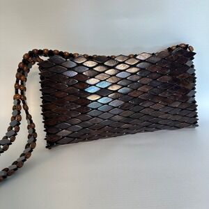 Wooden Beaded Shoulder Bag Purse Brown Unique Boho Chic Handmade